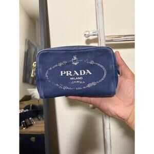 Prada Canapa Dark Blue Canvas Rope Logo Clutch Pouch Bag